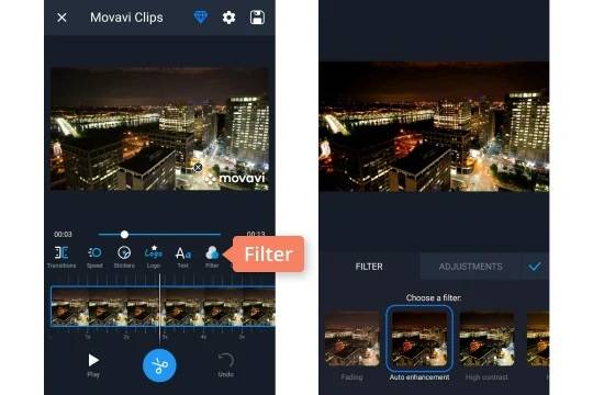 اضافة الفلاتر والتأثيرات للفيديوعلى برنامج Movavi Clips